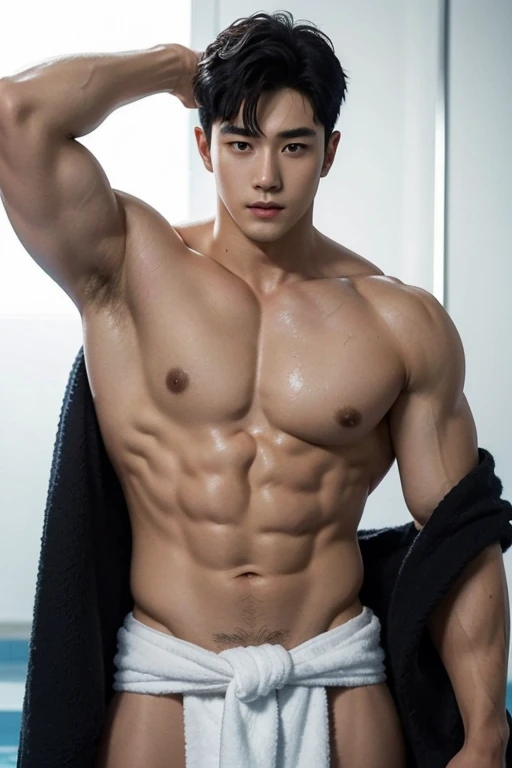 Solo, Korean Men, big muscular, wide shoulder, big triceps, Natural eyes, Short and delicate black hair, Sexy Man, shirtless, wet body, towel wrapped around the waist, transparent background