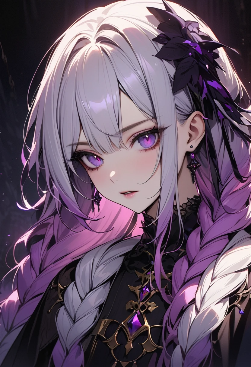 ((masterpiece)), Portrait of a beautiful white-skinned vampire, yinji, (purple hair, purple eyes, long hair, white hair, double braids, gradient hair,(Black enamel), Dark Makeup,Wearing noble clothes in a dark environment. 