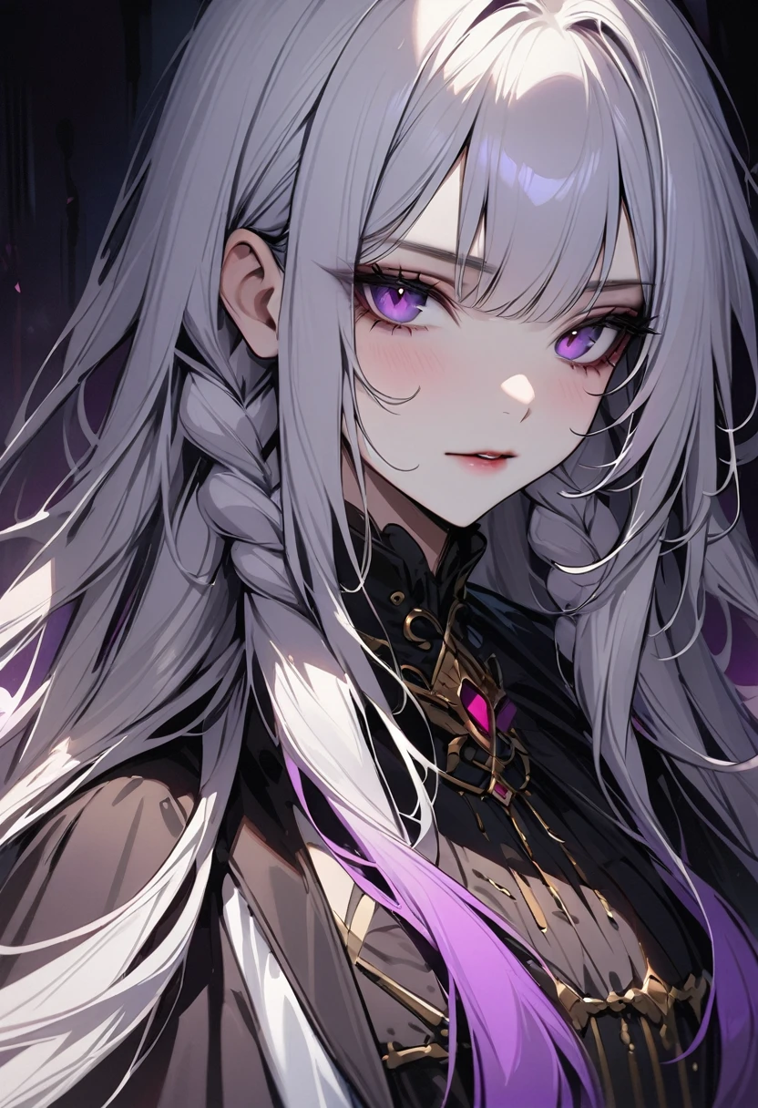 ((masterpiece)), Portrait of a beautiful white-skinned vampire, yinji, (purple hair, purple eyes, long hair, white hair, double braids, gradient hair,(Black enamel), Dark Makeup,Wearing noble clothes in a dark environment.