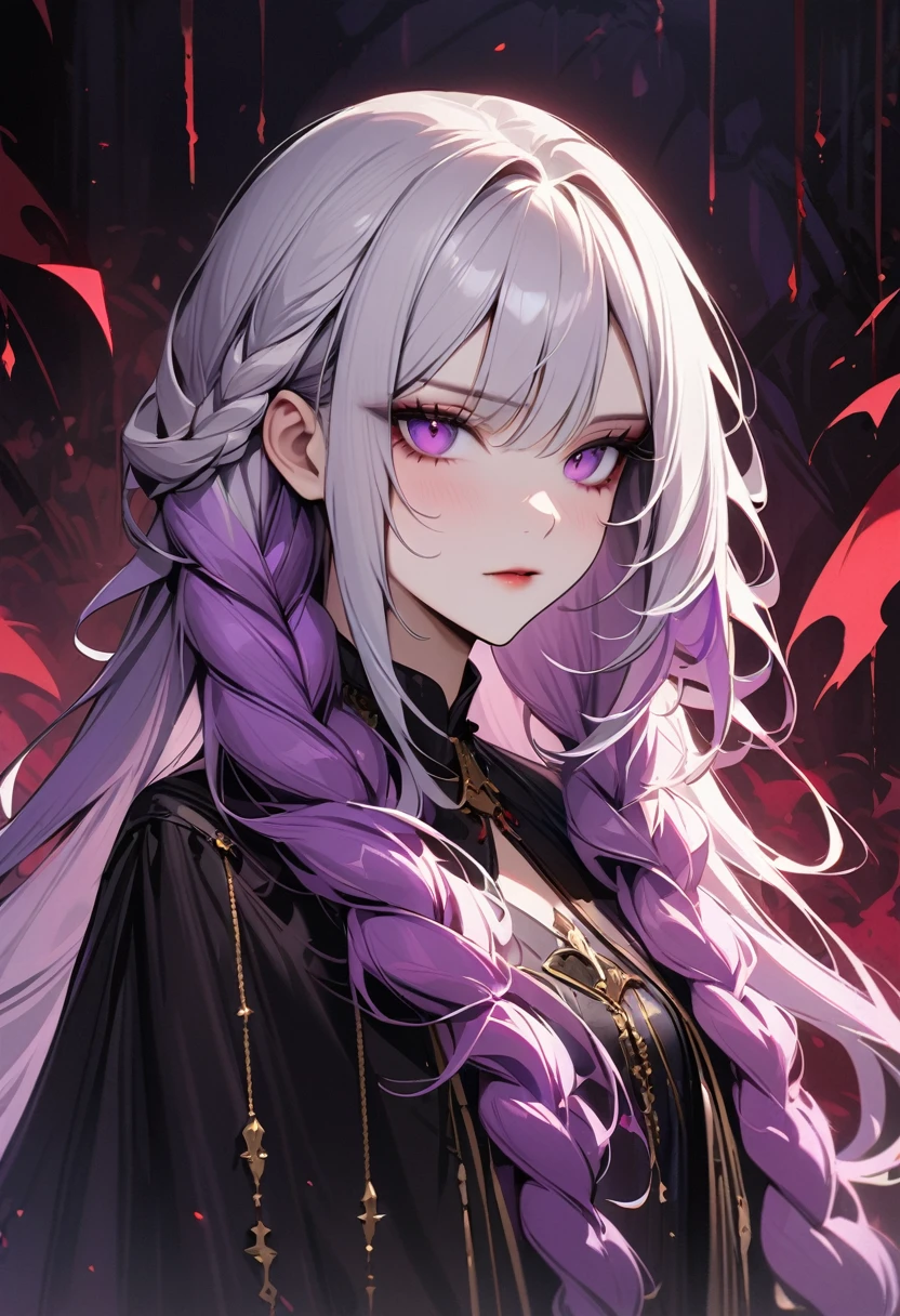 ((masterpiece)), Portrait of a beautiful white-skinned vampire, yinji, (purple hair, purple eyes, long hair, white hair, double braids, gradient hair,(Black enamel), Dark Makeup,Wearing noble clothes in a dark environment. 