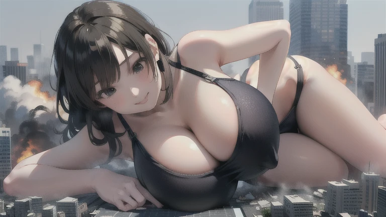 (One girl:1.5),,(Smile Beam:1.5),(whole body),((Huge breasts:1.6)),(垂れ下がったHuge breasts:1.6), ((Cleavage:1.5)),((Swimsuit:1.5)),, 40 years old,masterpiece,super high quality, Very detailed,Perfect photo,3D,8k,High resolution,Enchanting anime girl, Medium Hair:1.3,Black Hair,(black eye:1.5),Sporty hairstyles,Smooth anime CG art,Huge breasts、Realistic、Perfect body line、aerial photograph、aerial photograph、Destroying the city with a smile、 (A giant girl bigger than a skyscraper destroys the city of Shibuya:1.5)、cute、 swimsuit school swimsuit　Lying down 
