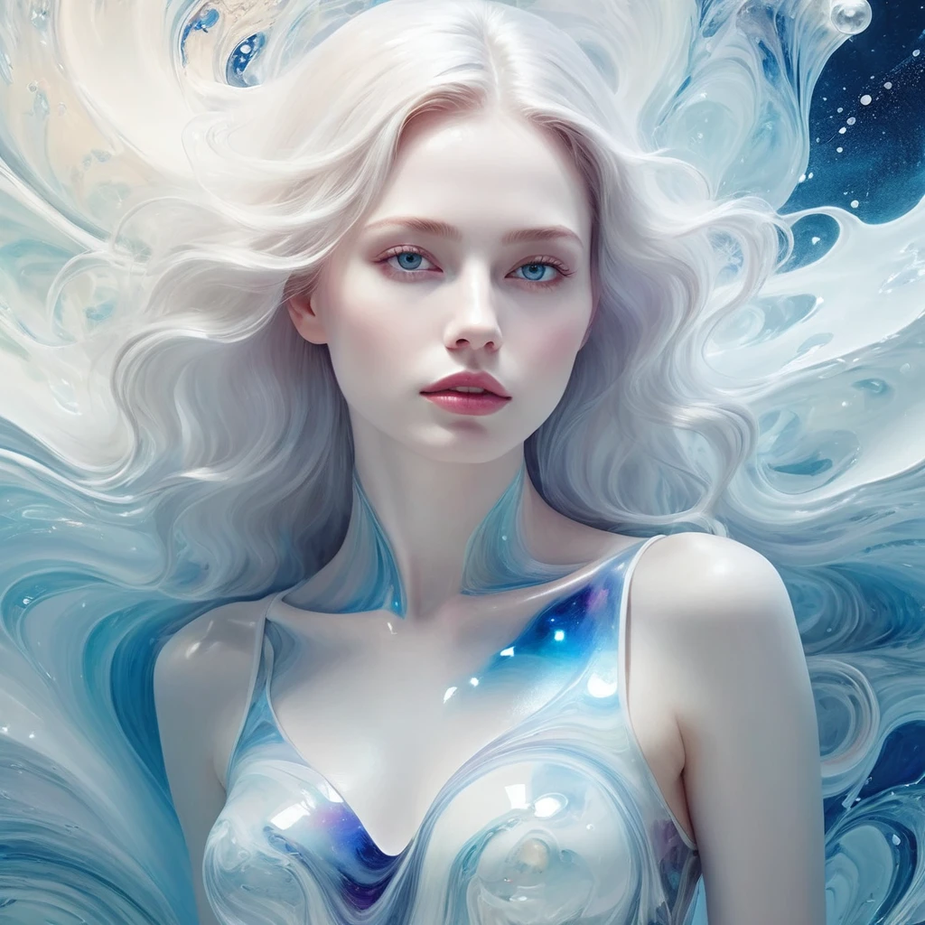 whole body,Painting of a beautiful young woman., Mysterious Waves at Night. 3D. White,Shallow. The beauty of the melting universe. Surrealism in Nebula Reflections. Glass texture,translucent,crystal,whole body,