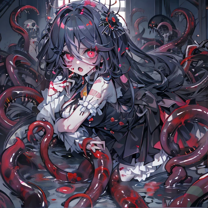 masterpiece, best quality, masterpiece,best quality,official art,extremely detailed CG unity 8k wallpaper, show foot, ***********, solo, kawaii, no_humans, medium hair, black hair, tentacle hair, saliva, blood on face, light blush, red eyes, blood from eyes, large breasts, hanging breasts, one breast out, seifuku, black pantyhose, uwabaki, tentacle, vore, bdsm, girl_on_top, sex, femdom, facesitting, pussy_juice, female_ejaculation, cum, zombie  girl ，one girl one boy，Girl infects man，Man under girl，Zombie girl，Blood on the face，Zombie girl感染人类，Zombie Lori，White knee socks，Purple Eyes