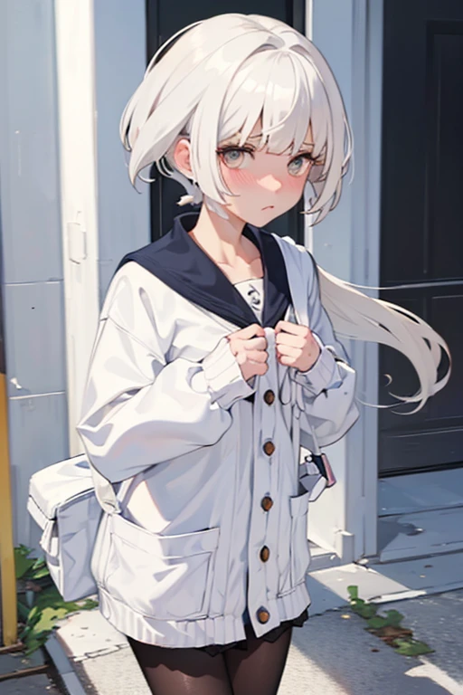 white hair, short hair, side ponytail, blunt bangs, annoyed, embarrassed, surprised, flustered, high quality, best quality, fullbody