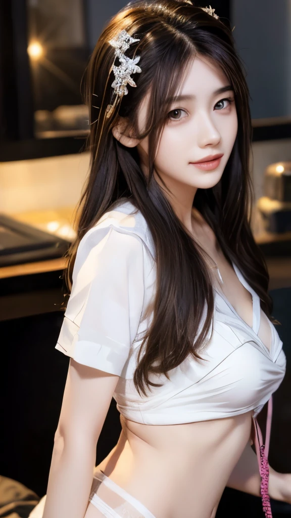 best quality, masterpiece, Ultra-high resolution, lifelike, (panoramic:1.5), (1 girl),(long hair),(Hair accessories:1.4),女孩的身边有一座古老的宫殿whole body黑丝,Black Focus, Good shape, whole body，Random Pose Reference, Single eyelid eyes, High nose bridge、Pointed nose, V-Shaped Face, Pale skin, Smile, Bokeh