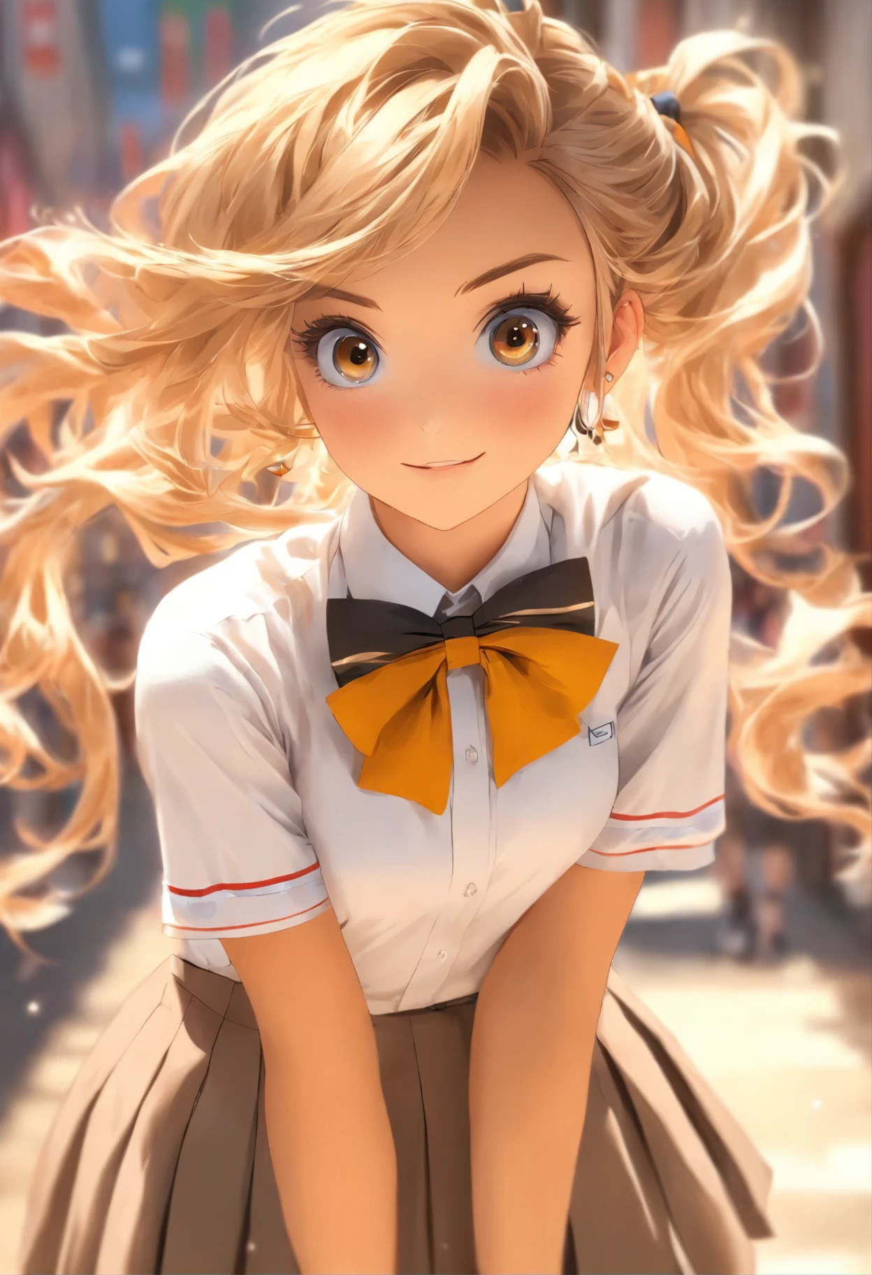 ((best quality,4k,High resolution,masterpiece:1.2)),((Character Concept Art)), 1 female, Adolescent females, Hot high school girl, ((Long hair dyed brown or blonde)), Hairstyles with Multiple Accessories, (Tan skin), Extremely fine eyes (Decorative contact lenses), fashionable, Outgoing, Socially active, slim body, ((Intricate details)), Very delicate hands, Extremely fine fingers(((Ten fingers))), Wearing a white short-sleeved school uniform shirt，bow tie, Gray school skirt, knee high school socks, and black school loafers., Heavy makeup, (casually standing), (Full body display), (revealing the whole body), (No logos on background), (No logo), ((Solid color background)), ((Solid color background)), (((Empty background)))