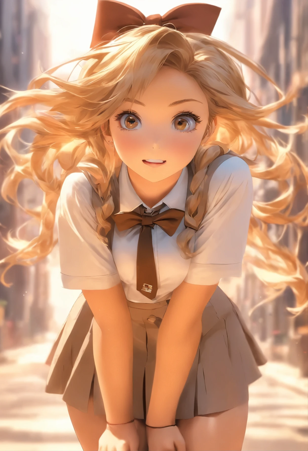 ((best quality,4k,High resolution,masterpiece:1.2)),((Character Concept Art)), 1 female, Adolescent females, Hot high school girl, ((Long hair dyed brown or blonde)), Hairstyles with Multiple Accessories, (Tan skin), Extremely fine eyes (Decorative contact lenses), fashionable, Outgoing, Socially active, slim body, ((Intricate details)), Very delicate hands, Extremely fine fingers(((Ten fingers))), Wearing a white short-sleeved school uniform shirt，bow tie, Gray school skirt, knee high school socks, and black school loafers., Heavy makeup, (casually standing), (Full body display), (revealing the whole body), (No logos on background), (No logo), ((Solid color background)), ((Solid color background)), (((Empty background)))