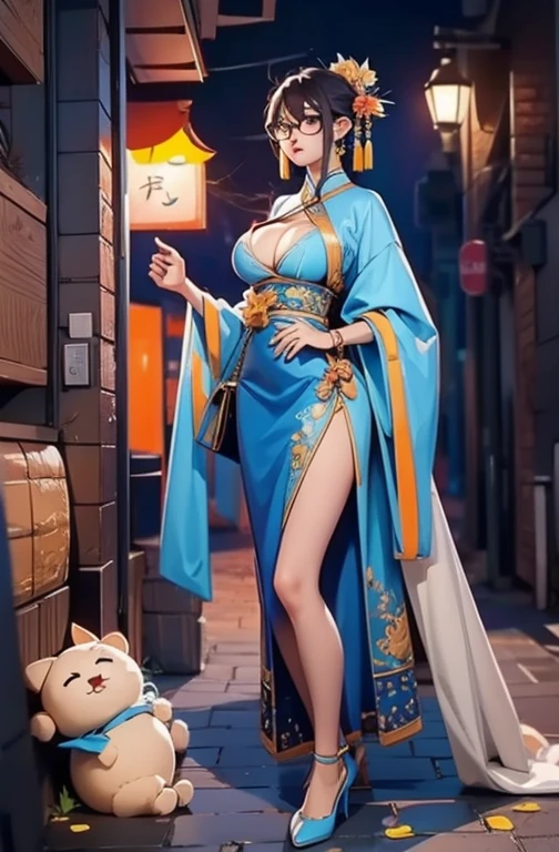 Doctor close-up, Five-star reviews, Their names, photo, and the city in the background..,Large bust (((Large Breasts、Breast sagging、Low-cut,Cleavage ,Wide hips,)))((Long legs)),Hourglass figure)),,Frameless glasses,Slim body,Cute girl,Full body portrait,Hanfu,Common,Ancient Street of China,Dirty dark streets,