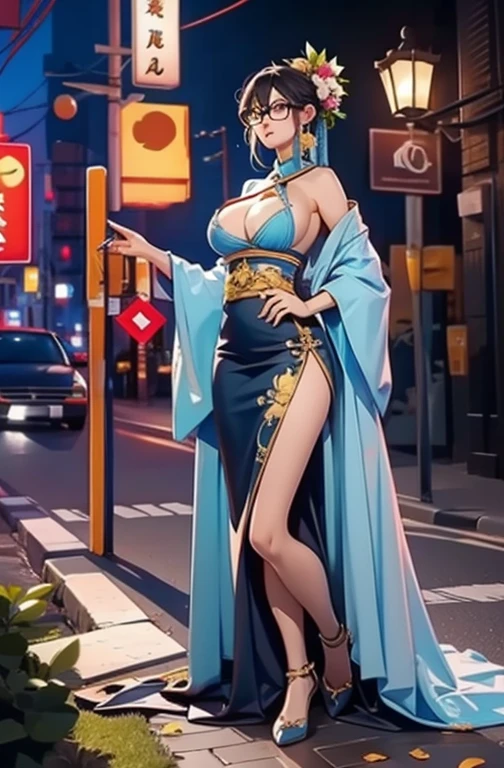 Doctor close-up, Five-star reviews, Their names, photo, and the city in the background..,Large bust (((Large Breasts、Breast sagging、Low-cut,Cleavage ,Wide hips,)))((Long legs)),Hourglass figure)),,Frameless glasses,Slim body,Cute girl,Full body portrait,Hanfu,Common,Ancient Street of China,Dirty dark streets,