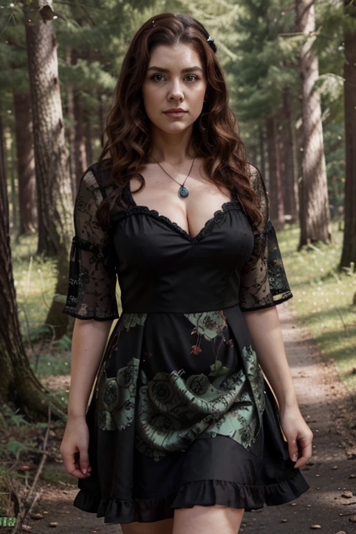 Margo Martindale, Delphine Duchannes, Teen Wolf, 40 years old, auburn hair with light black strands, short, curly and messy, green eyes, stout fat build, cherry rose print dress, black heels, fox pendant, print black fox Forest background aura around black color.