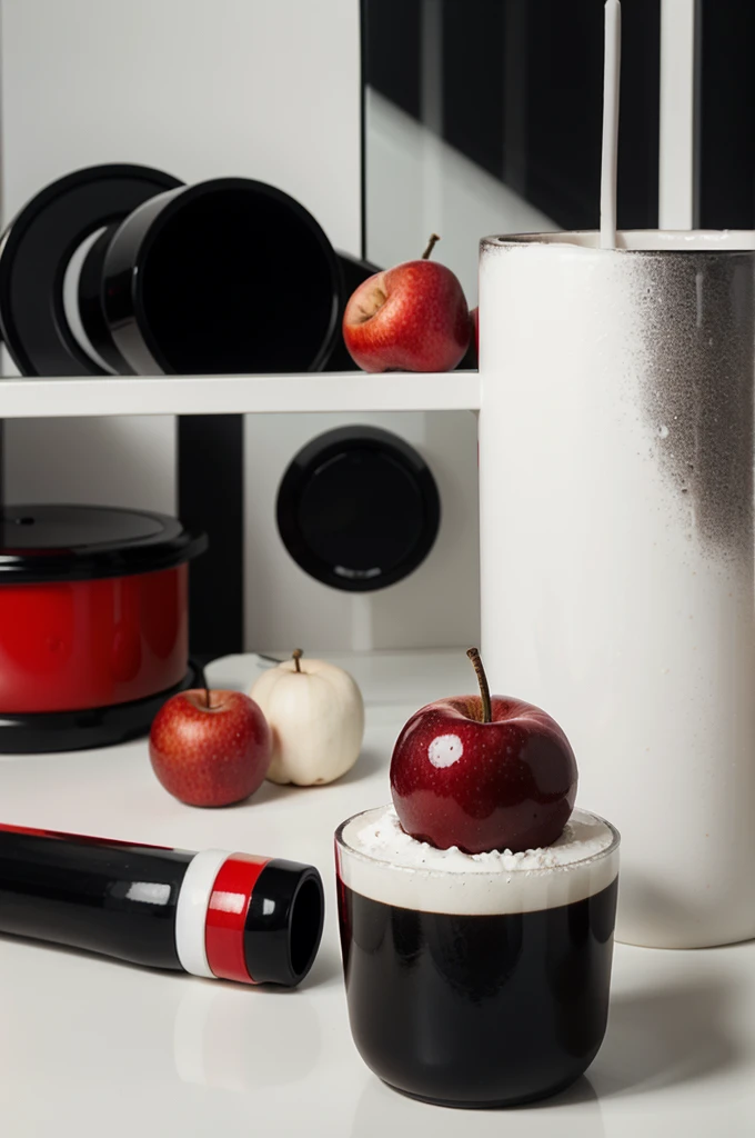 still life, predominant colors black, White & Red