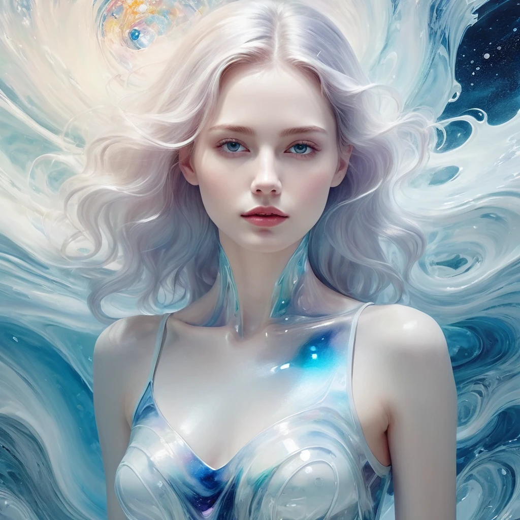 Full body portrait,Painting of a beautiful young woman., Mysterious Waves at Night. 3D. White,Shallow. The beauty of the melting universe. Surrealism in Nebula Reflections. Glass texture,translucent,crystal,Full body portrait,