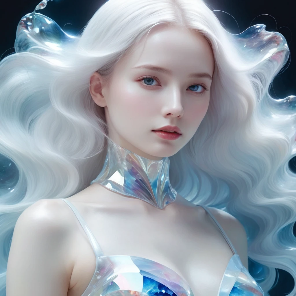 Full body portrait,Painting of a beautiful young woman., Mysterious Waves at Night. 3D. White,Shallow. The beauty of the melting universe. Surrealism in Nebula Reflections. Glass texture,translucent,crystal,Full body portrait,