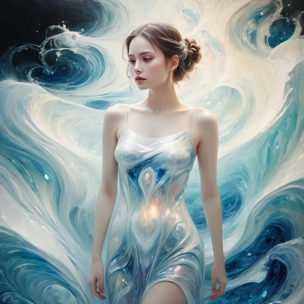 Full body portrait,Painting of a beautiful young woman., Mysterious Waves at Night. 3D. White,Shallow. The beauty of the melting universe. Surrealism in Nebula Reflections. Glass texture,translucent,crystal,Full body portrait,