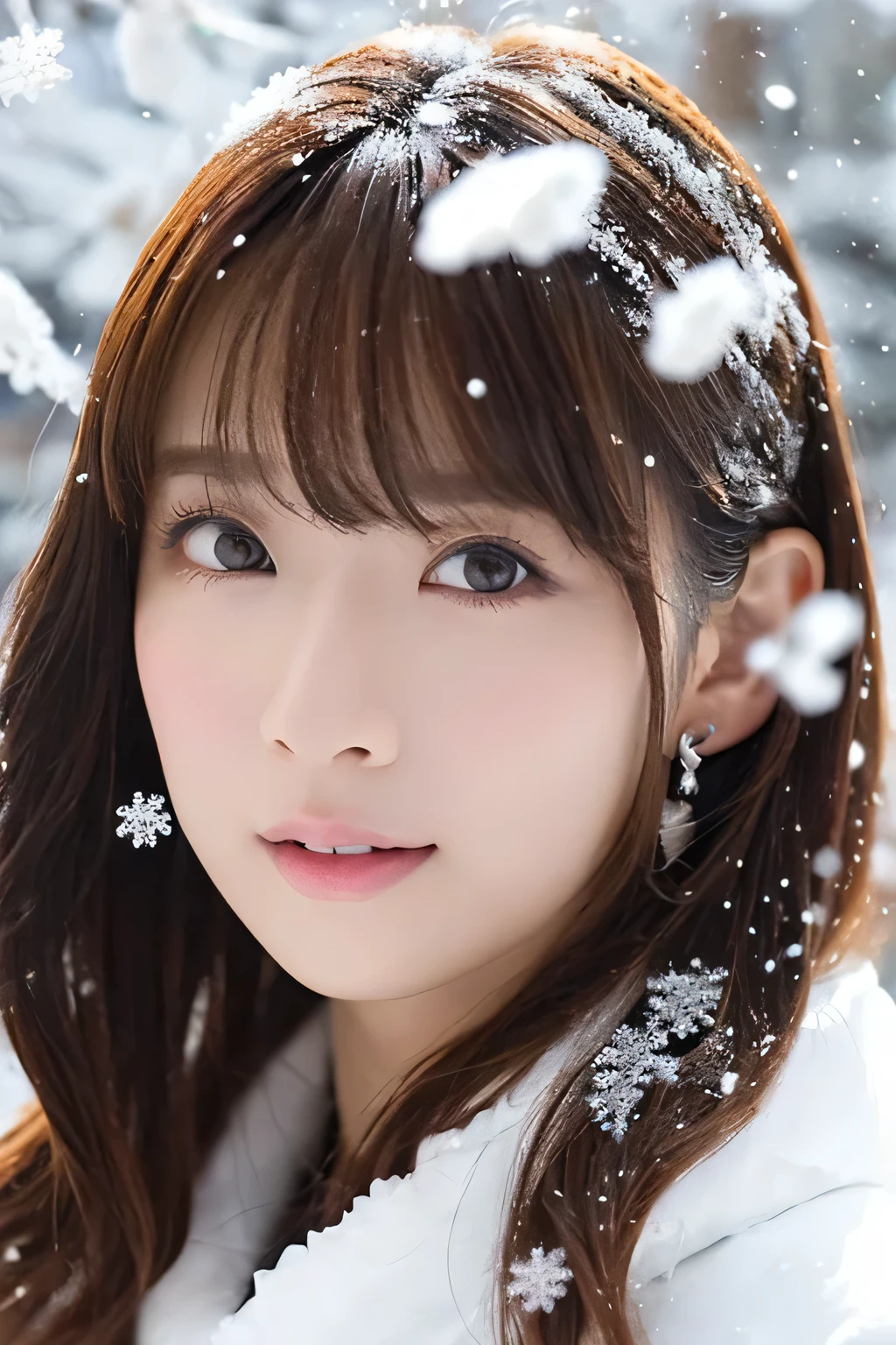 One Girl, (Crystal Costume:1.2), Beautiful Japanese actresses,
(RAW Photos, highest quality), (Realistic, Photorealistic:1.4), (Tabletop), Photogenic,
Yukihime, Beautiful fine details, Beautiful lip detail, Highly detailed eyes and face, Long eyelashes,
Snowflake Earrings,
break
(Snowy fields in winter in Lapland),
sparkling snowflakes, Heavenly Beauty, swirling snowflakes, Snow covered trees々々,
Powder Snow, Snow Capped Mountain, Cold breath,
A world full of dazzling light, (Many large snowflakes are falling、Shines brightly.:1.4), Dance of Light,
Blue and silver color scheme, Dramatic lighting,
break Perfect Anatomy, Slender body, small, Medium Hair, Parted bangs, Angel's Smile,
Crystal skin, Clear Eyes, Catchlight