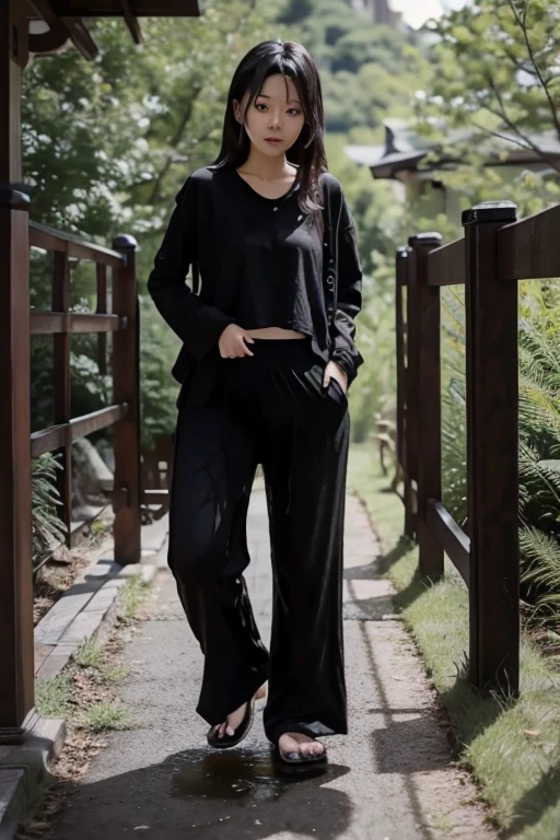 Japanese Girl sees the ghost and pees her black palazzo pants until her pants are wet in fright.