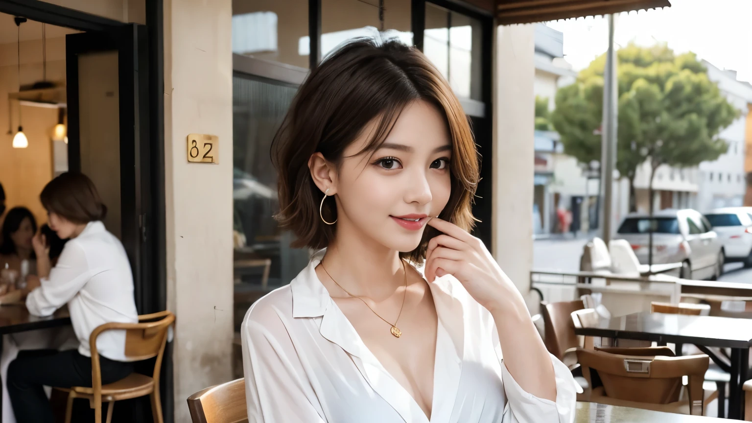 super high quality, Short Hair, Slender, Gravure photoshoot, The staff is working at the counter in the back., (8k、RAW Photos、highest quality、masterpiece:1.2), Japanese Idol, Stylish café, The cafe is crowded with people enjoying themselves., (Realistic、Photorealistic:1.37), Bob Hair, Urban Cafe, Golden Ratio, Raw photo, Light Brown Hair, Earrings, Small breasts, Bright cafe interior, Beauty salon model, Spring Clothes, Famous actress, Beauty, necklace, White Shirt, Cafe Terrace, Open Cafe, A kind smile, Hair blowing in the wind, Neat clothes, 18-year-old, Stylish clothes,