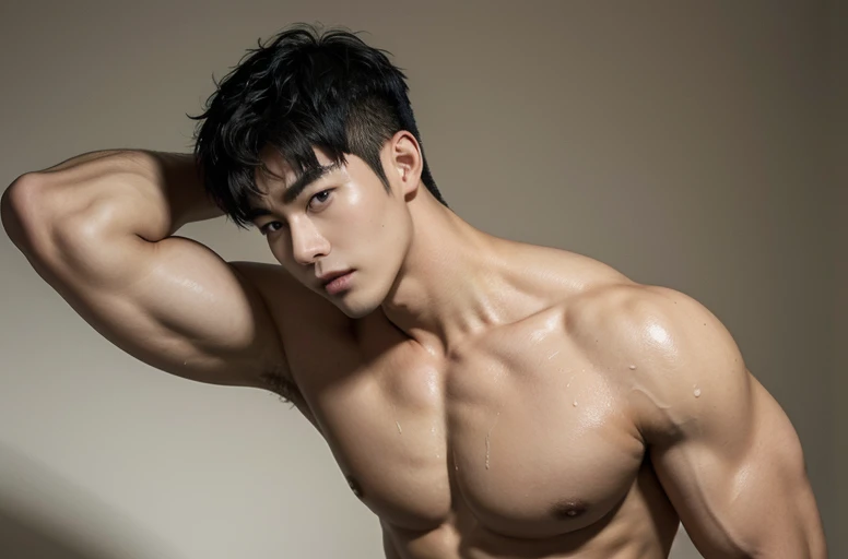 Solo, Korean Men, big muscular, wide shoulder, big triceps, Natural eyes, Short and delicate black hair, Sexy Man, shirtless, wet body, towel wrapped around the waist, bedroom background