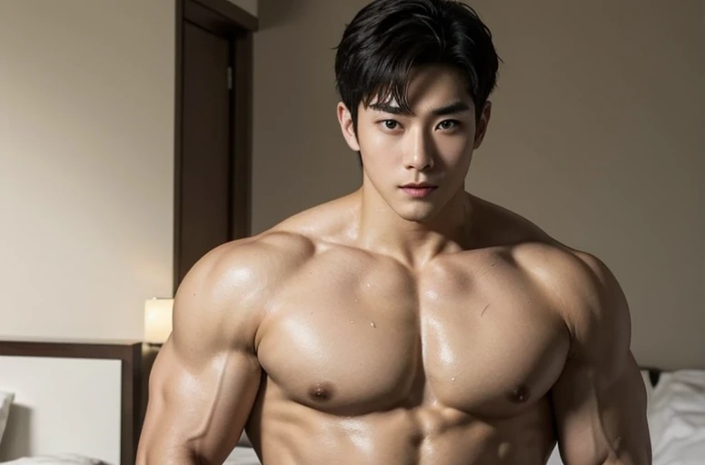Solo, Korean Men, big muscular, wide shoulder, big triceps, Natural eyes, Short and delicate black hair, ???? Man, shirtless, wet body, towel wrapped around the waist, bedroom background