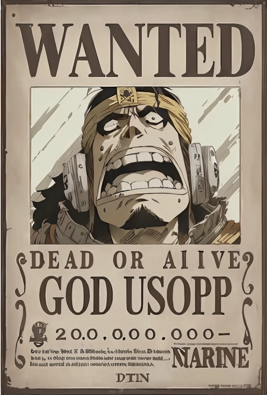 a poster of a wanted poster for a pirate, from one piece, by Eiichiro Oda, wanted poster, inspired by Eiichiro Oda, nicholas cage as monkey d luffy, “ anime, oda non, fujita goro!, as an ugly titan, close-up!!!!!!, anime poster, 🌻🎹🎼, god of death, closeup!!!!!!, as a titan