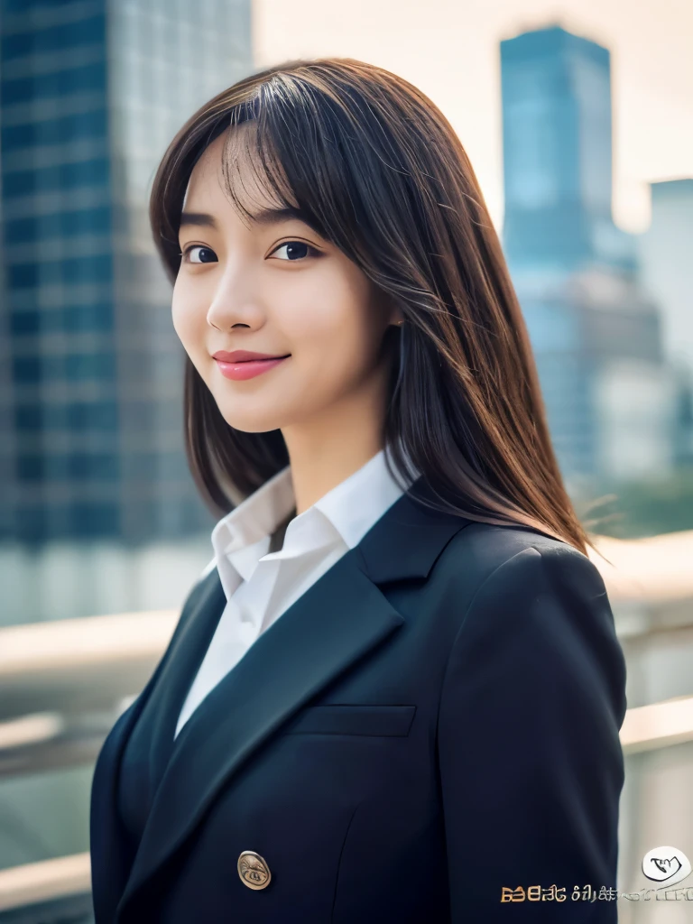 ((Best quality, 8k, Masterpiece: 1.3)), 1 girl, smiling, full body, slim face, pretty woman, Medium dark brown hair, not shirt on the upper body, black straight suit pants on the upper body, High heels, super detailed face, detailed eyes, double eyelids, blurred background, slim face, skyscrapers, waist shot,