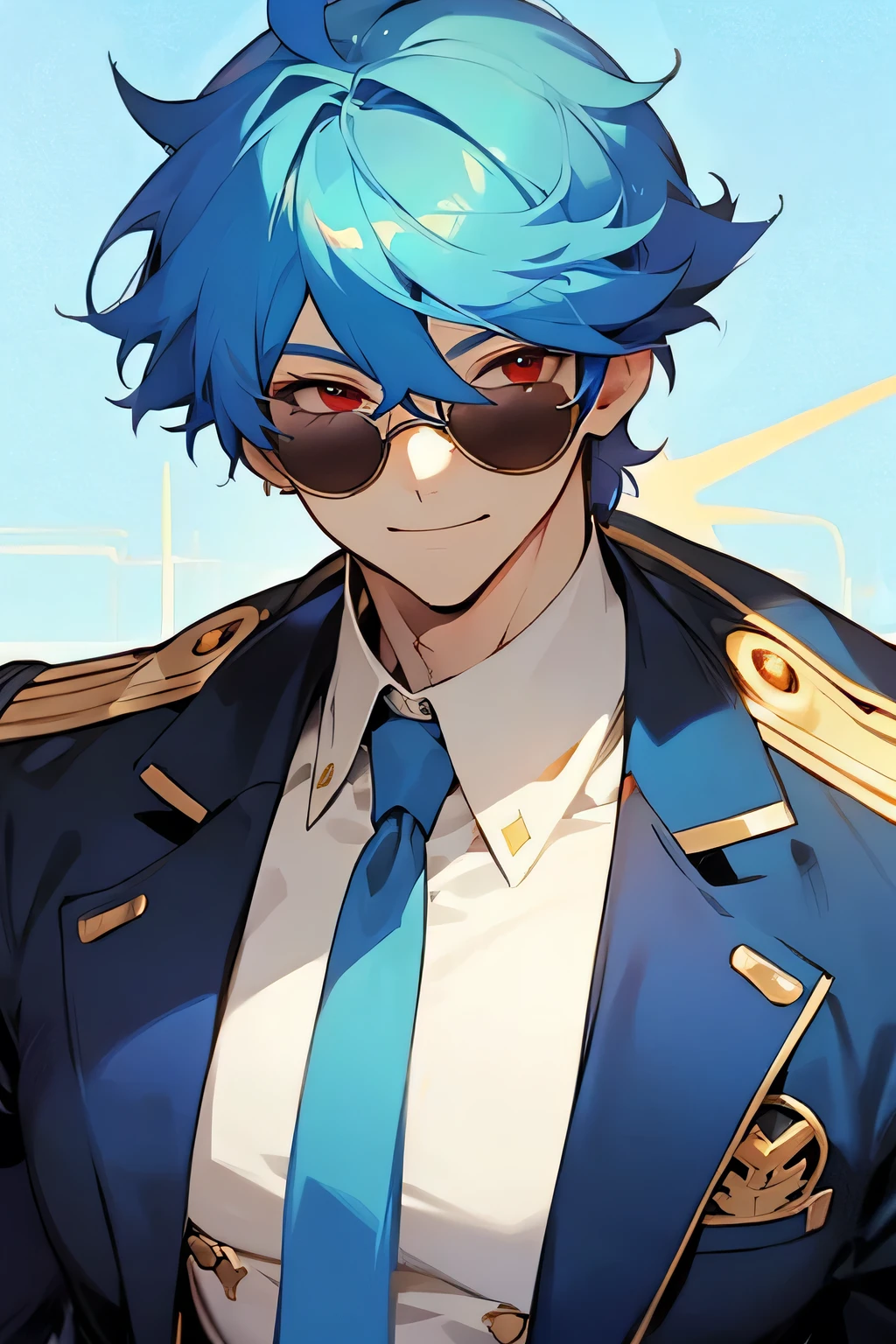 sky blue hair color、There are some blue meshes in the hair、male、Anime Style、Upper Body、Round sunglasses、Wearing staggered sunglasses、Handsome、Short Hair、Starry sky background、Red eyes、Cyber-inspired outfit、Cool Smile、Wearing a tie、Gold decoration、Wearing earrings、High angle