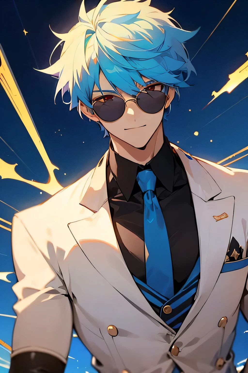 sky blue hair color、There are some blue meshes in the hair、male、Anime Style、Upper Body、Round sunglasses、Wearing staggered sunglasses、Handsome、Short Hair、Starry sky background、Red eyes、Cyber-inspired outfit、Cool Smile、Wearing a tie、Gold decoration、Wearing earrings、High angle