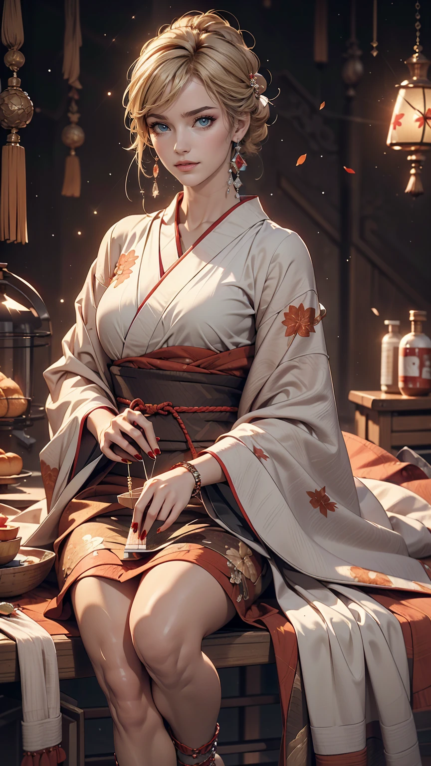((最high quality, 8k, masterpiece: 1.3, Ultra HD, high quality, 最high quality, High resolution, realism)) 、Very beautiful 22 year old Caucasian woman、Hair Color: Blonde、Blue Idium Hair、Straight hair、smile、Slim but well-proportioned body、Background Blur((Depth of written boundary))、Near and far in the air((Atmospheric perspective))、I want to keep my head out of the screen.、Put an anklet on your ankle、Wearing red nail polish、Having a pedicure、Making bread、kimono、autumn leaves
