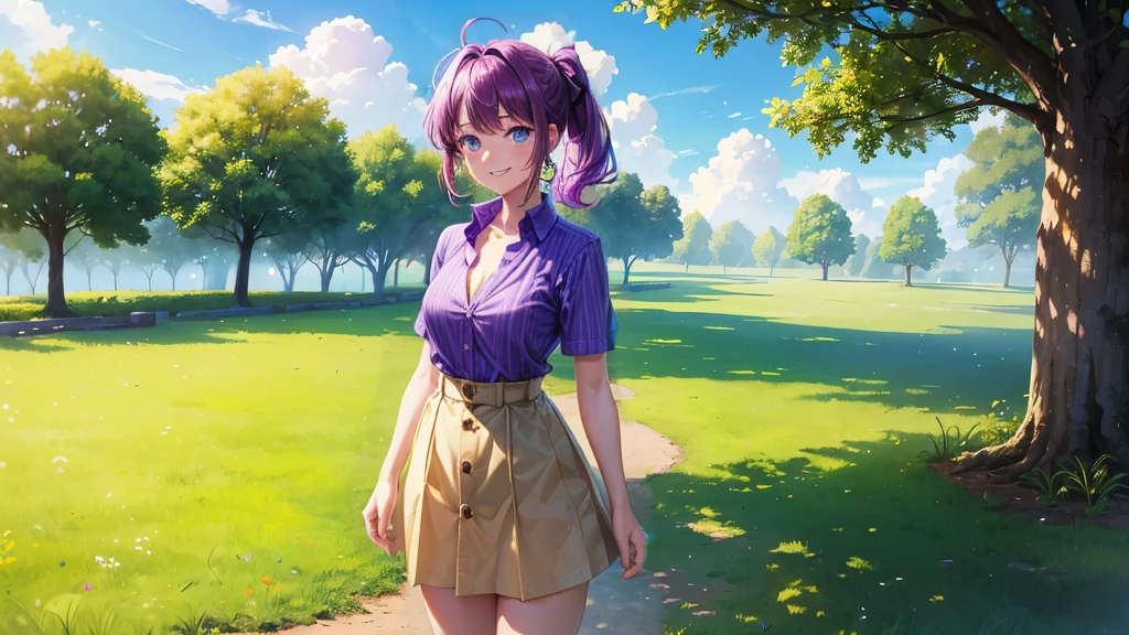 1girl, summer, village, trees, sun, clouds, ((colorful hair)), ponytail, large breasts, button down, blue eyes, ((purple shirt)), ((unbuttoned shirt)), unbuttoning buttons, ((short sleeved shirt)), black mini skirt, brown shoes, grin, looking at the viewer, standing, hair ribbon, ((golden necklate))