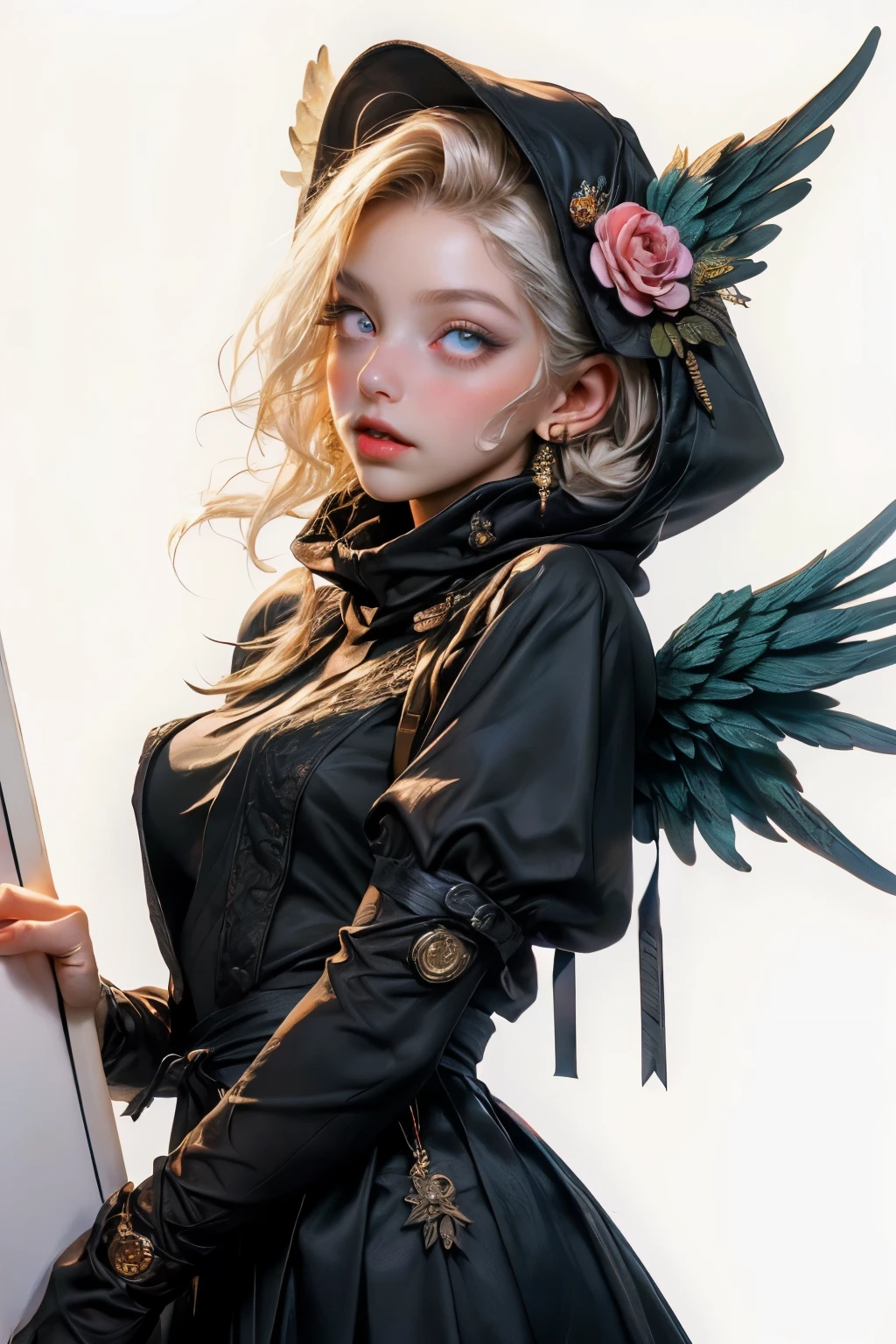 ((best quality)), ((masterpiece)), (detailed), perfect face, ((best quality)), ((masterpiece)), (detailed), perfect face(Golden ratio:1.2),(Fault color:1.3),[(White background:1.4)::10], (full bodyesbian:1.2),(Ultra-detailed:1.3), （white color background）white background, plain background (colorful ink paper flower grow on the face:1.2), s girl，White hair，Red glowing eyes, photorealestic,（（（Red and white trench coat））），（Red scarf)，a black pleated skirt，black t-shirts，longer sleeves，（（With a hood）），((Multiple pairs of angel wings))，side-lighting, NSFW, Depicting female characters from ethereal anime in a high-quality anime art style，，，8K，Red and white shoes with a sense of technology，(chaotic geometric images:1.3),(nagative space:0.8),(Drawing board:1.3), (ether colorful ink flowing:1.3), a knight, white background, plain background, Bloodborne inspired, tatty Bloodborne attire, occult aesthetic, occult, tatty red and white clothing detailed and intricate steampunk and detailed gothic loliwith a hood), long coat, Complex laced boots, Fluttering lace flared long knee length dress with frilly petticoats, long dress, knee length dress, pleated petticoats, lolita d, petticoats gothic lolita, beaul small breasts, (((( Highly detailed face))), small thin nose, Small thin lips mouth, (((Very sharp focused eyes))), Very large slit precision pale grey eyes that shine like jewels. very long eyelashes, Silver hair swaying in the wind, Emitting a dazzling light in a mandala pattern, white background, Very dramatic and cinematic lighting, tatty damaged old red and white clothing, full body, whole body, body, cosmic horror, grim dark