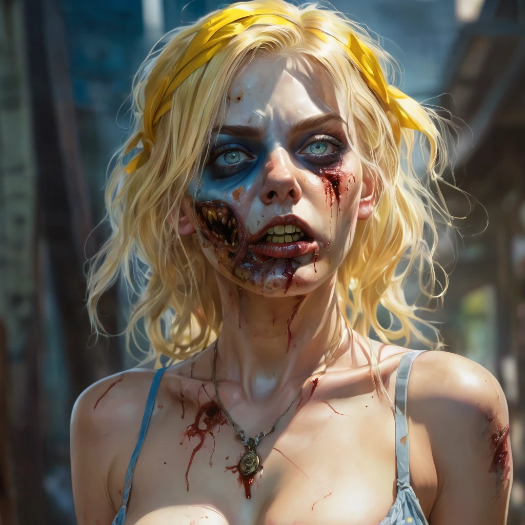 (finely detailed beautiful eyes and detailed zombie face,masterpiece sidelighting,masterpiece,best quality,detailed,high resolution illustration),, (1 depraved girl,whole body,sundress,lustrous skin,looking down,looking at viewer),, (yellow hair,blue eyes,ribbon, sheer clothes), (clothed_underbust:1.2),underboob