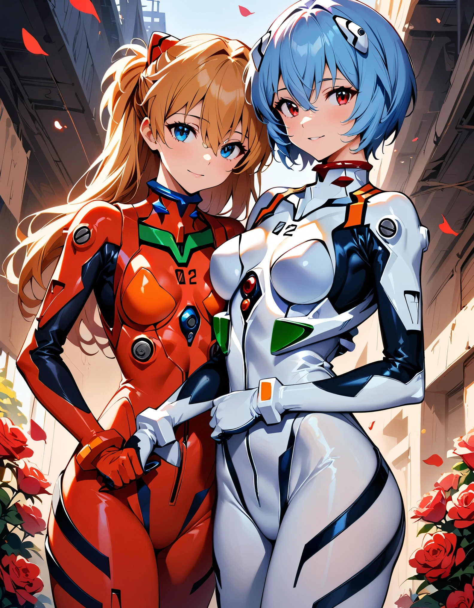 (highest quality:1.2, Very detailed, Latest, Vibrant, Super Detail, Ultra-high resolution, High Contrast, masterpiece:1.2, highest quality, Best aesthetics), Two people, (2 women), Two women posing side by side, Woman on the right:Ayanami Rei,white bodysuit,red eyes,pilot suit,short hair,blue hair,bangs,interface headset,turtleneck,hair between eyes, Woman on the left:souryuu asuka langley, neon genesis evangelion, rebuild of evangelion, plugsuit, pilot suit, red bodysuit,, Dynamic Angle, Random Pause, Cowboy Shot,surrounding by flowers,falling_petals, outdoors, petals,