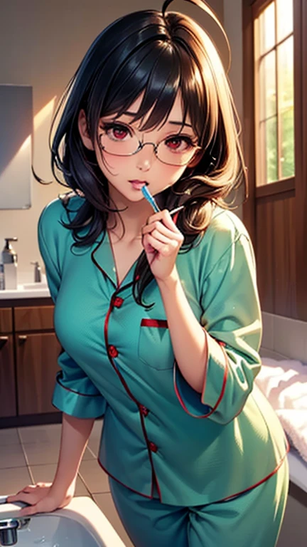 A girl is posing for a photo, cute女の子, Enchanting girl, Anime Girls, 
(((One Girl, cute, 16 years olepy look),  brush teeth:1.4
(morning、(窓からmorning日が射す、Wash basin、Bed habit、Ahoge、brush teeth:1.4)), ((Cowboy Shot))
BREAK 

(Black Hair), (Red eyes, Very droopy eyes), 

(((Green pajamas)))、Big Glasses BREAK 

(Symmetrical facial features, Perfect Face), (Beautiful breasts, (Ｃcup)), 
Beautiful body, Beautiful clavicle, Beautiful thighs, Beautiful feet, Perfect round butt, (Beautiful fingers), (((Detailed skin, Oily skin, Textured skin, Beautiful Skin))), 

Double eyelids, Long eyelashes, 
(Expression of fine eyes, Beautiful and delicate eyes, Sparkling eyes, Eye Reflexes), 
(Beautiful Nose,Thin Nose), 
(Glossy Lips, Beautiful Lips, thick lips), 
(Beautiful Hair, Shiny Hair, Shiny Hair)), 
BREAK 

(((highest quality)), ((masterpiece)), (Very detailed), (High resolution), (Beautiful detailed sparkle), (High detail), (Anatomically correct)), ((Realistic)), 
(The best CG), Ultra-detailed art, CG illustration, (16k, 1080P), Oil paints, 
