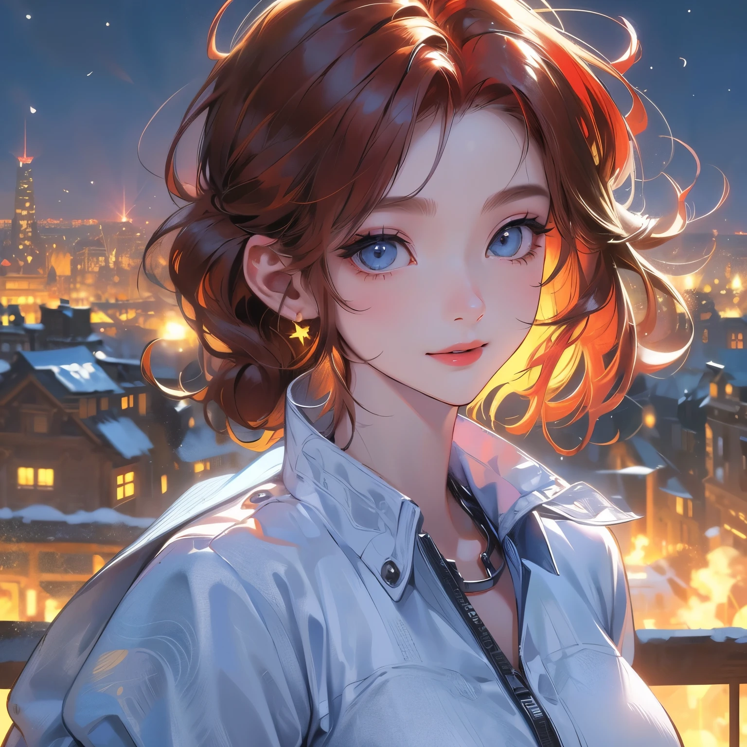 portrait woman, ((​masterpiece,hight resolution,8K picture quality,top-quality)),1girl in,((extra detailed face)),femele,Delicate eyes,((blue eyes)),((hairstyle on:Very short,red hair)),lensflare,Dramatic makeup,look back and smile,Natural complexion,large full breasts,Diffuse reflection of light(colourfull:1.5),aurora night sky,Star-filled sky,City of Snow,Night illumination,City of buildings at night seen from a high place,full bodyesbian,
