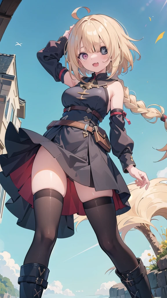 (masterpiece:1.2), (highest quality:1.2), perfect eyes, perfect face, perfect lighting, middle ages, sandy beach, 1 girl, blonde red eye, ((((((hair over one eye)))))), Braid Styles, spiked hair, blunt bangs, bob hair, a braid, Ahoge, cute eyes, medium breast, glaring, open mouth, ((from above)), ((front)), ((from below)), arms behind back, orgasm, scared, ahegao, smile+happy, fang, Thighhighs, greaves, boots, big breasts, It's a bellybutton, Angel's wing