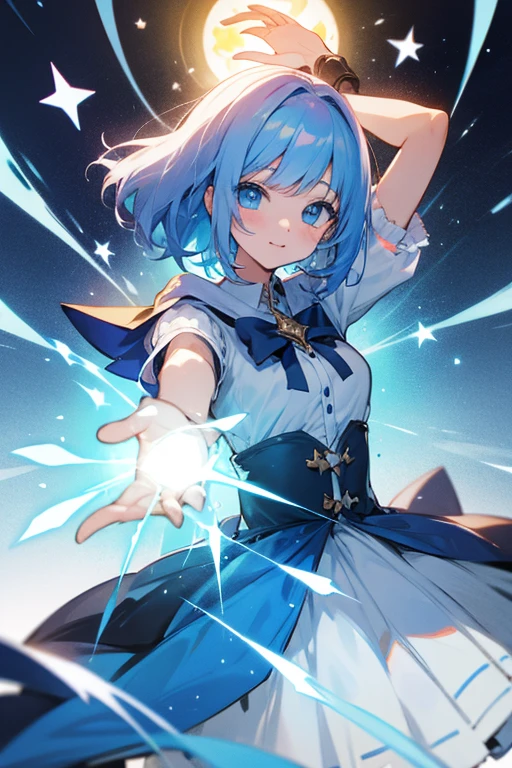 10th generation women、Beautiful blue hair、chest length hair(Half-up hairstyle)、Long-sleeved sailor suit(Scarf is yellow、Blue scarf closure、Blue with pleated skirt)、Ready to unleash magic、Energetic expression、The background is glowing