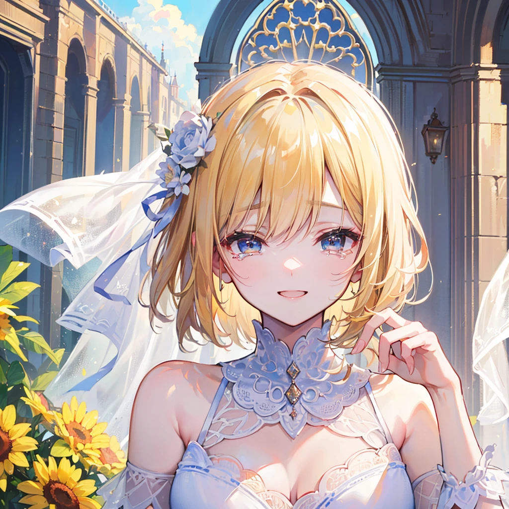 (((Best quality, 8k, Masterpiece: 1.3)), ((best quality)), ((masterpiece)), (detailed), woman、Blonde、Close ~ eyes、Wedding dress、church、Sunny sky、The best smile、Tears of joy overflow、Zoom in on face