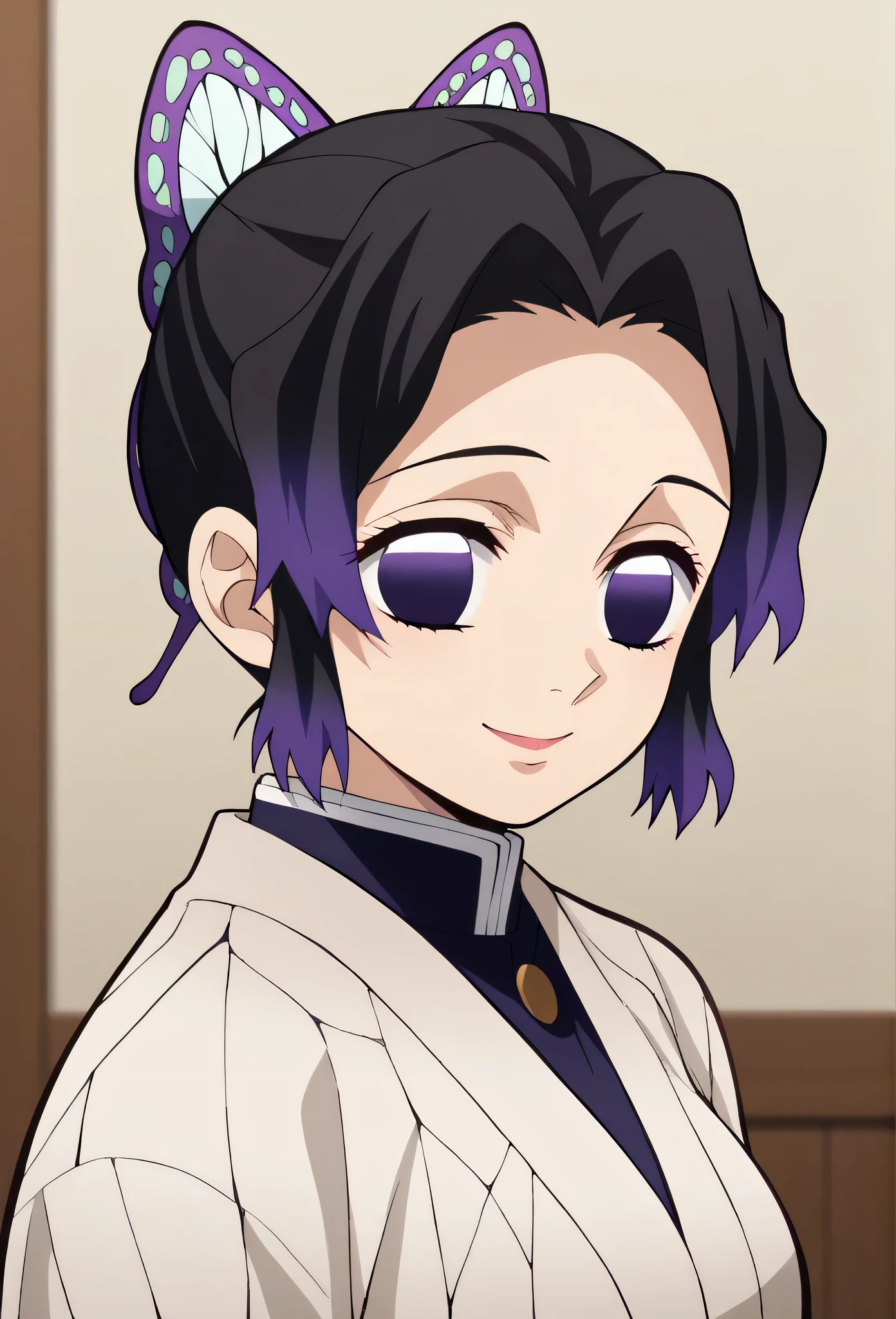 score_9, score_8_up, score_7_up, score_6_up, score_5_up, score_4_up, source_anime, 1girl, solo, official art, simple background, blurry edges, fading border,
KShinobuXLV4, butterfly hair ornament, large bust, door,
big smile,
casual wear,