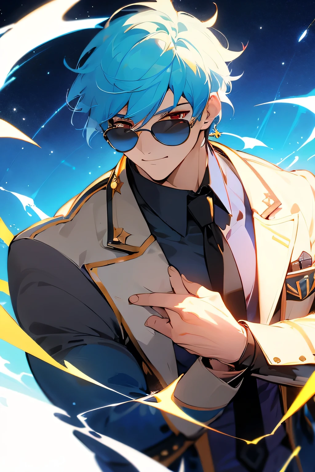 sky blue hair color、There are some blue meshes in the hair、male、Anime Style、Upper Body、Round sunglasses、Wearing staggered sunglasses、Handsome、Short Hair、Starry sky background、Red eyes、Cyber-inspired outfit、Cool Smile、Wearing a tie、Gold decoration、Wearing earrings、High angle