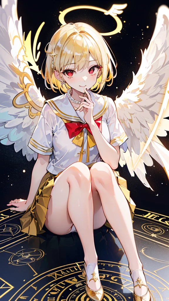 (((1girl))), ((best quality)), ((masterpiece)), ((ultra-detailed)), (illustration), (detailed light), (an extremely delicate and beautiful), (beautiful detailed eyes), (sunlight), ((extremely light)),
(((( and a pleated skirt)))),
girl,
wavy short manish bob, (((yellow gold hair))), (((short hair))),
(((deep red eyes))),
(((angelic clothes))), (((((angel wings))))), (((angel halo))),
((whole body)), aged 1mond, beautiful, ((extra elegant)), (((condescending expression))), (sexually mischievous smile), (((extra adorable))), (((extra slender shape))),
(((((sitting on her knees on the magic circle))))),
((((exposed white and pearl whity gold panties)))), (((extraordinarily thin thighs)))