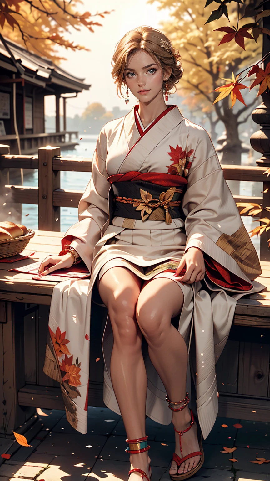 ((最high quality, 8k, masterpiece: 1.3, Ultra HD, high quality, 最high quality, High resolution, realism)) 、Very beautiful 22 year old Caucasian woman、Hair Color: Blonde、Blue Idium Hair、Straight hair、smile、Slim but well-proportioned body、Background Blur((Depth of written boundary))、Near and far in the air((Atmospheric perspective))、I want to keep my head out of the screen.、Put an anklet on your ankle、Wearing red nail polish、Having a pedicure、Making bread、kimono、autumn leaves