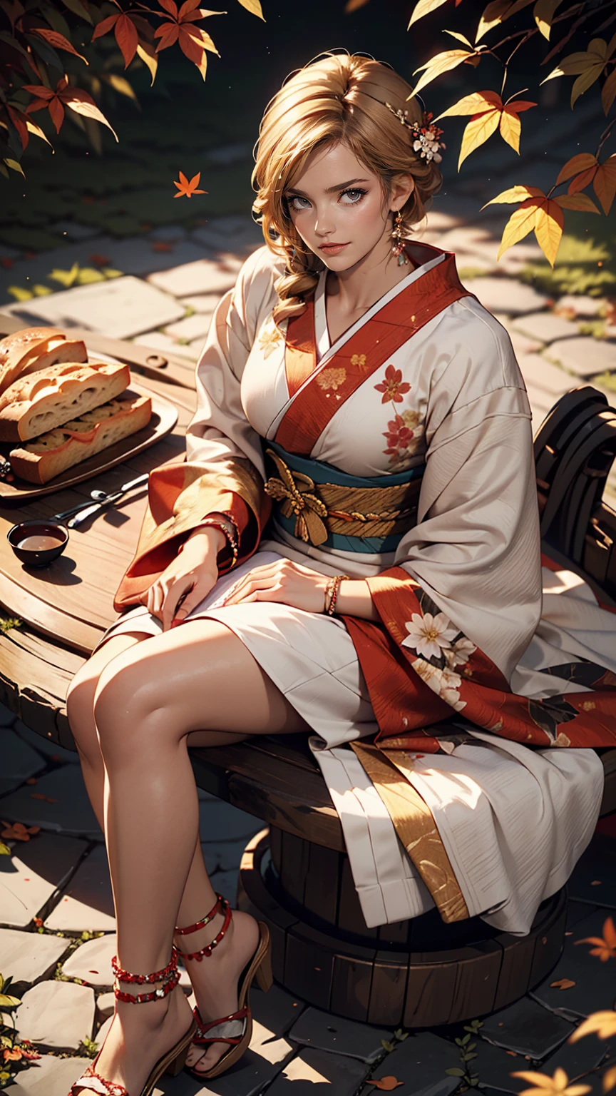 ((最high quality, 8k, masterpiece: 1.3, Ultra HD, high quality, 最high quality, High resolution, realism)) 、Very beautiful 22 year old Caucasian woman、Hair Color: Blonde、Blue Idium Hair、Straight hair、smile、Slim but well-proportioned body、Background Blur((Depth of written boundary))、Near and far in the air((Atmospheric perspective))、I want to keep my head out of the screen.、Put an anklet on your ankle、Wearing red nail polish、Having a pedicure、Making bread、kimono、autumn leaves