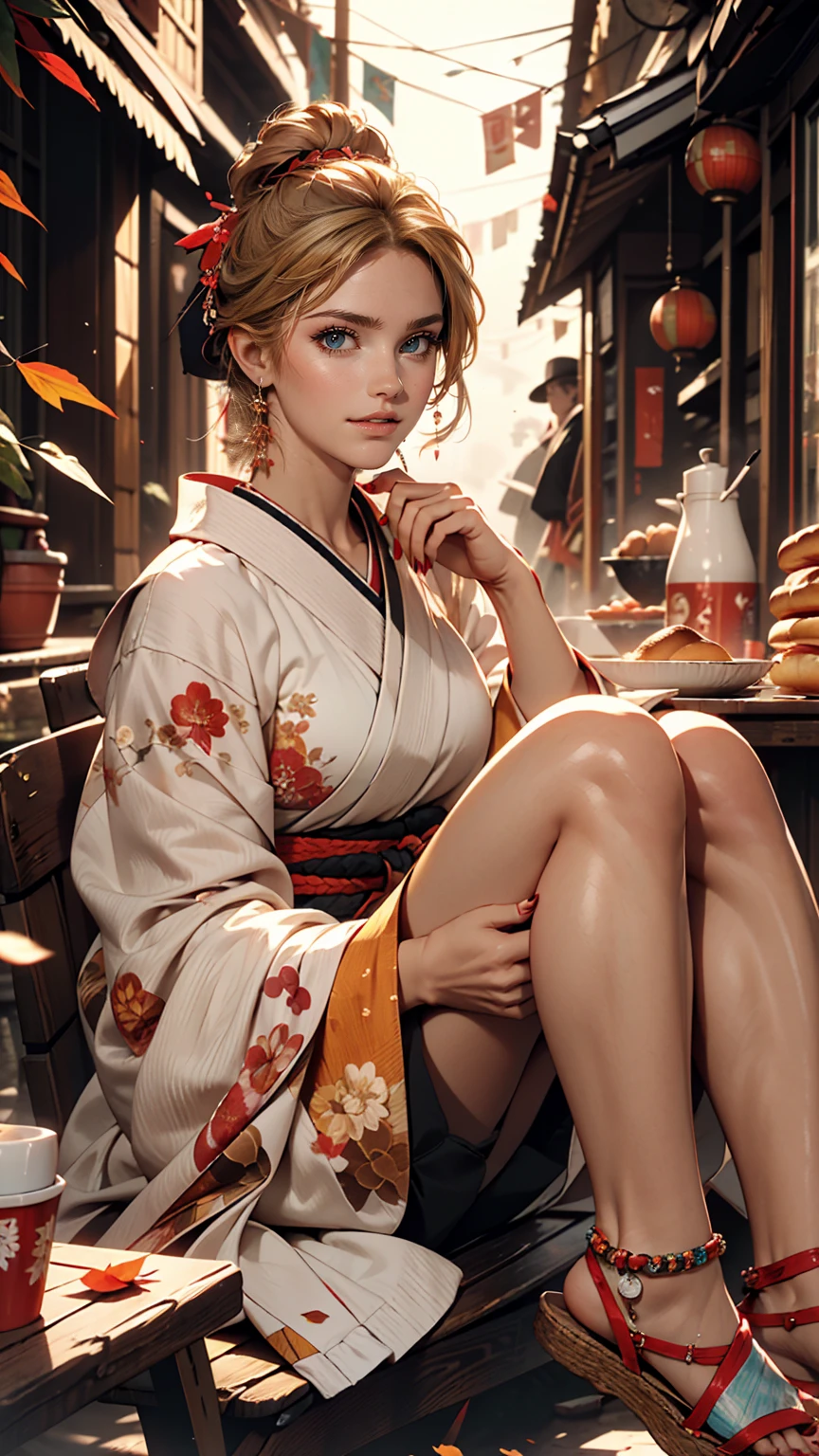 ((最high quality, 8k, masterpiece: 1.3, Ultra HD, high quality, 最high quality, High resolution, realism)) 、Very beautiful 22 year old Caucasian woman、Hair Color: Blonde、Blue Idium Hair、Straight hair、smile、Slim but well-proportioned body、Background Blur((Depth of written boundary))、Near and far in the air((Atmospheric perspective))、I want to keep my head out of the screen.、Put an anklet on your ankle、Wearing red nail polish、Having a pedicure、Making bread、kimono、autumn leaves
