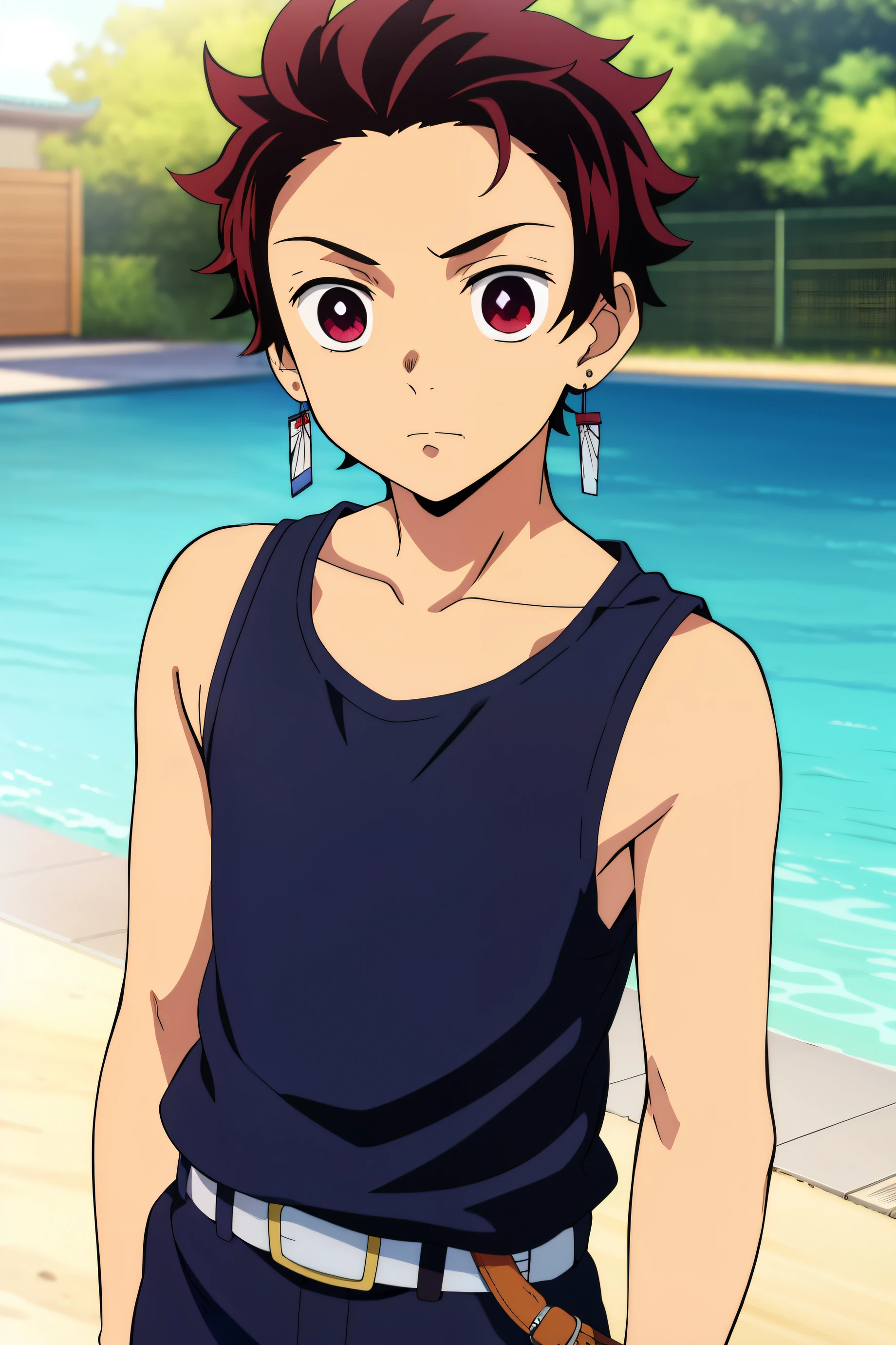 Highres, Masterpiece, Best quality at best,Best Quality,hight quality, hight detailed, Anime style, 1boy, Boy, Shota, Solo person, Tanjiro_kamado, Demon slayer, Earring, Tank top, Belt, Summer day, Slim body, Upper body, Blurry beckground, Seen from the front, ( boy), (very small and short body)