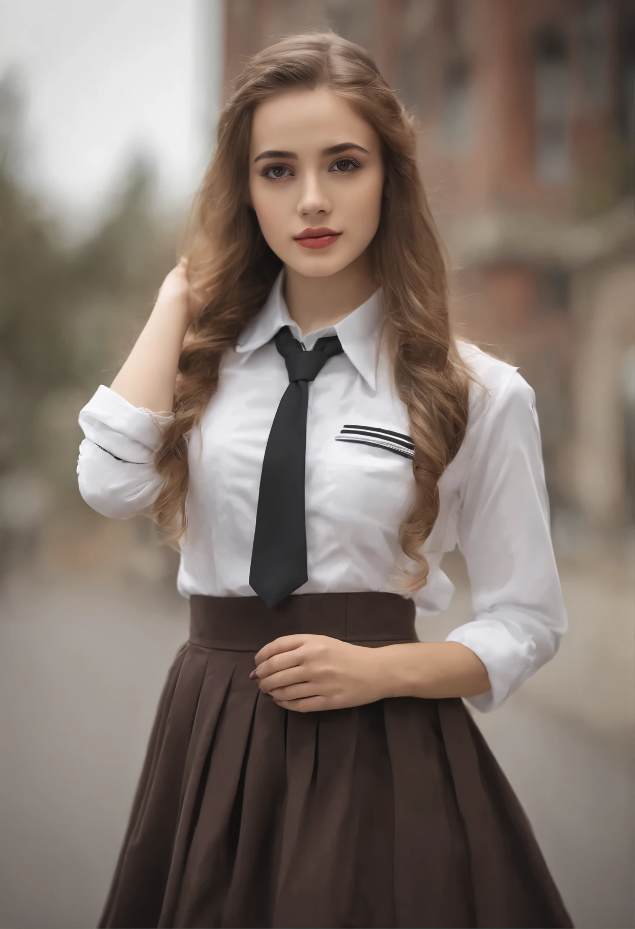 ((best quality,4k,High resolution,masterpiece:1.2)),((Character Concept Art)), 1 female, Adolescent females, Hot high school girl, ((Long hair dyed brown or blonde)), Hairstyles with Multiple Accessories, (Tan skin), Extremely fine eyes (Decorative contact lenses), fashionable, Outgoing, Socially active, slim body, ((Intricate details)), Very delicate hands, Extremely fine fingers(((Ten fingers))), Wearing a white short-sleeved school uniform shirt,bow tie, Gray school skirt, knee high school socks, and black school loafers., Heavy makeup, (casually standing), (Full body display), (revealing the whole body), (No logos on background), (No logo), ((Solid color background)), ((Solid color background)), (((Empty background)))
