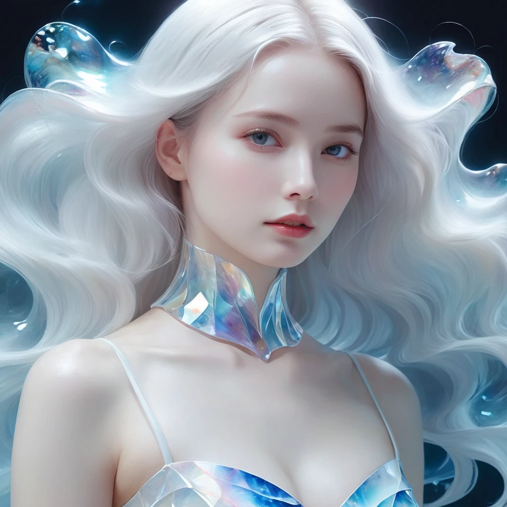Full body portrait，Full body portrait，Full body portrait，Painting of a beautiful young woman., Mysterious Waves at Night. 3D. White，Shallow. The beauty of the melting universe. Surrealism in Nebula Reflections. Glass texture，translucent，crystal，Full body portrait，