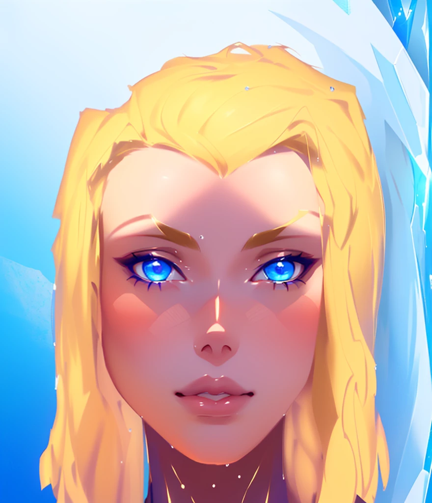 master piece, 8 k detail, beautiful girl with blue gem stones as her pupils. glossy lips, pretty face, blonde hair, wet blonde hair, stringy and shinny, white sky, clear background.