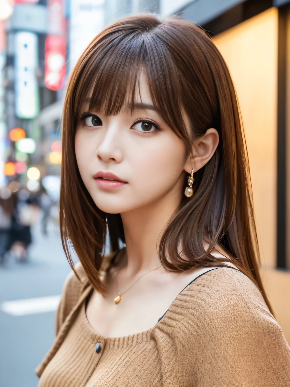 Ultra High Definition, Superior Quality, Premier Quality, ultra detailed, Photorealistic, 8k, RAW Photos, highest quality, masterpiece, Attractive girl, Stunning girl, Brown Hair, Shoulder Length Layered, asymmetrical bangs, Japanese Idol, Sophisticated, Stylish, blouse,Shibuya, 