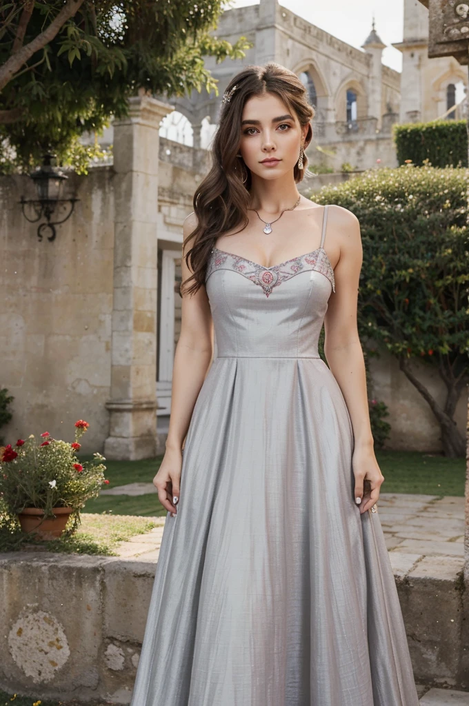 Mujer de pelo gris, ojos grises, Realeza, vestido rojo, Joyas Rojas, Pendientes rojos, Lunar, Nobleza, aristocrat, Alta calidad, muy detallado, cara detallada, obra maestra, castillo, Bebiendo te, garden, flores, Luces