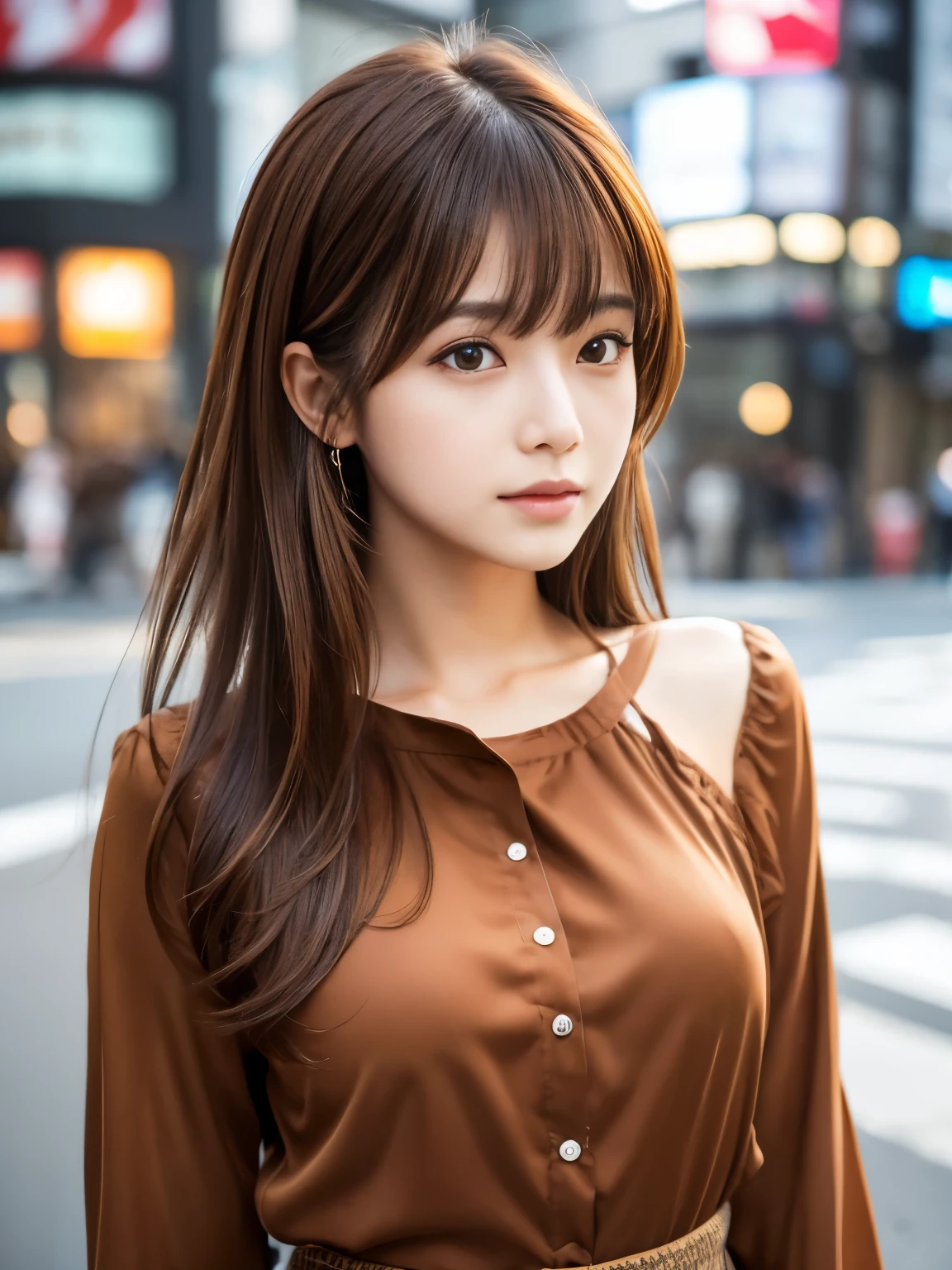 Ultra High Definition, Superior Quality, Premier Quality, ultra detailed, Photorealistic, 8k, RAW Photos, highest quality, masterpiece, Attractive girl, Stunning girl, Brown Hair, Shoulder Length Layered, asymmetrical bangs, Japanese Idol, Sophisticated, Stylish, blouse,Shibuya, 